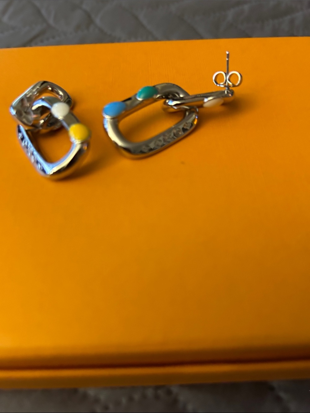 Silver Hoop Earrings with Blue, Green and Yellow Enamel Accents